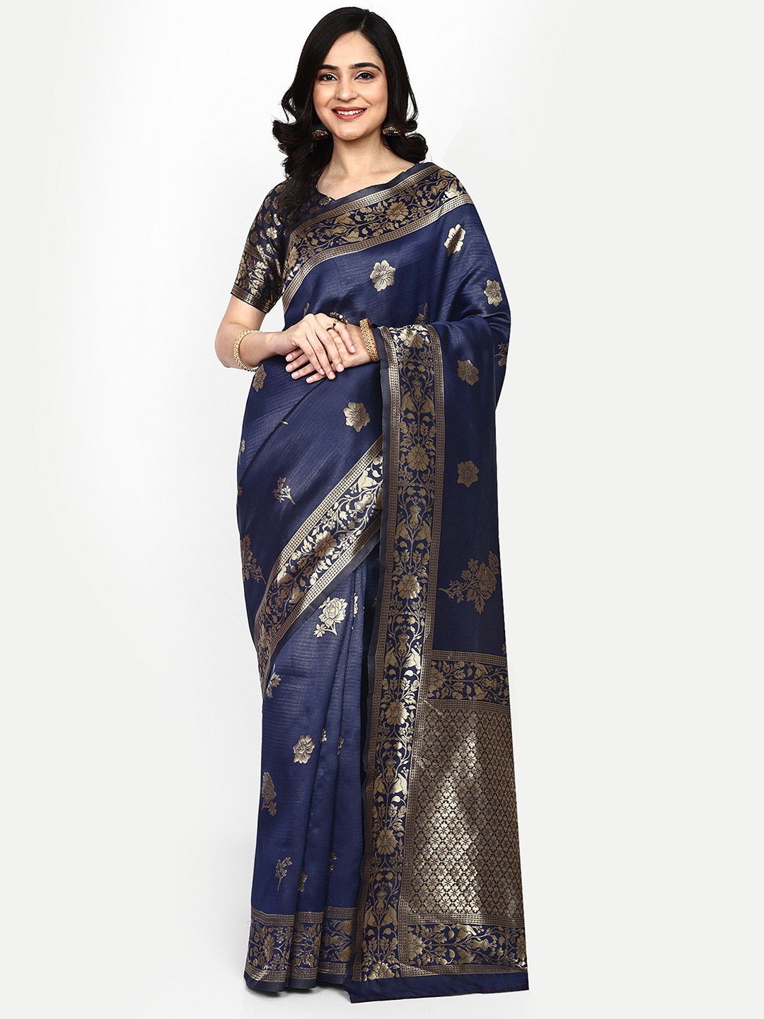 

ALMAARI FASHION Ethnic Motifs Woven Design Zari Pure Silk Kanjeevaram Saree, Blue