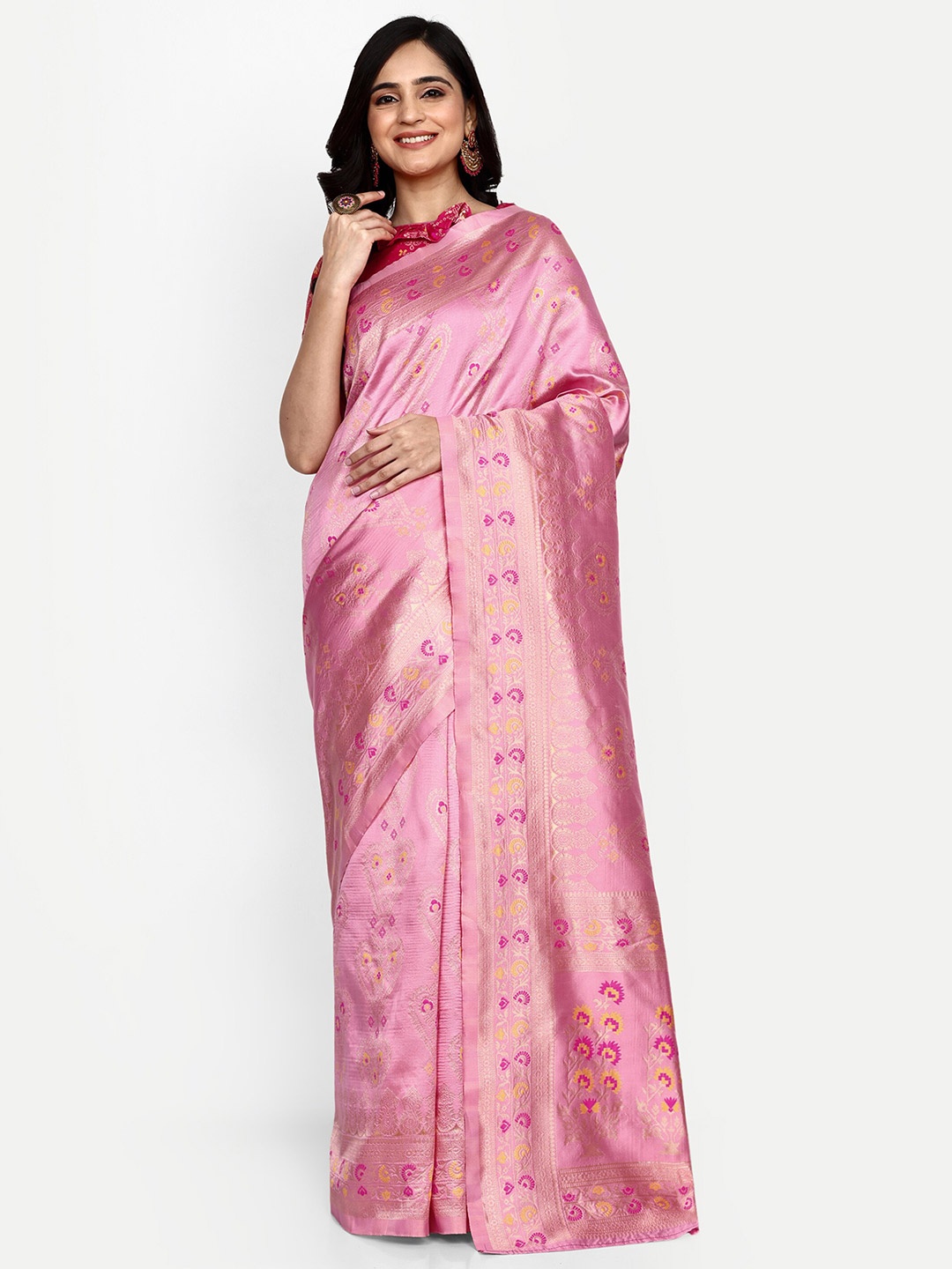 

ALMAARI FASHION Ethnic Motifs Woven Design Zari Pure Silk Kanjeevaram Saree, Pink