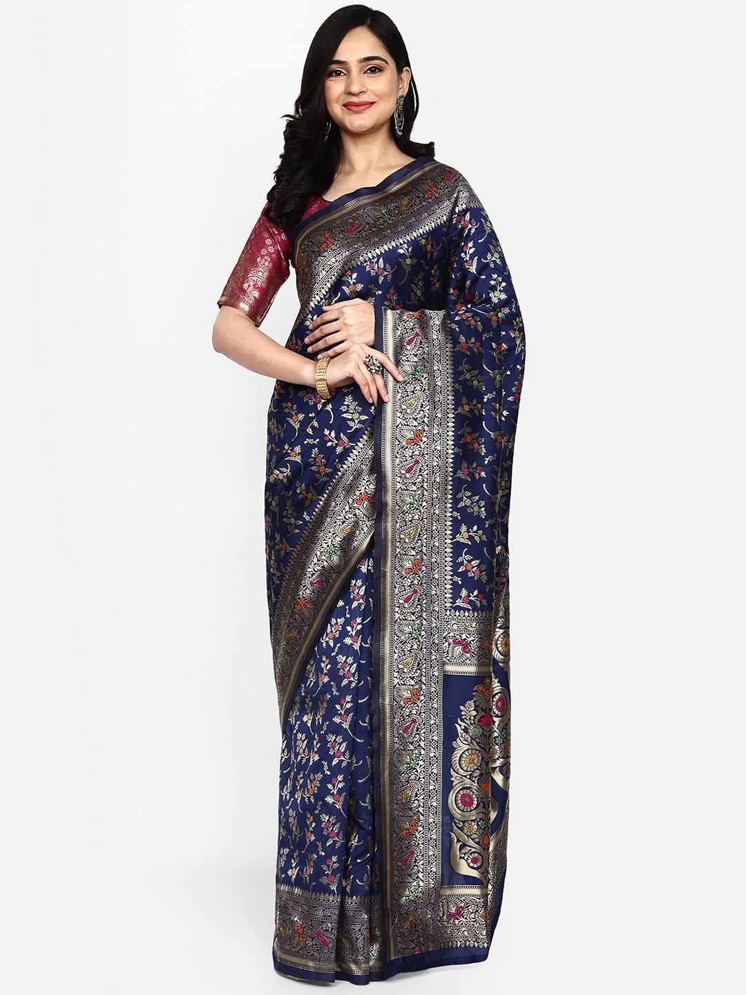 

ALMAARI FASHION Ethnic Motifs Woven Design Zari Pure Silk Kanjeevaram Saree, Navy blue