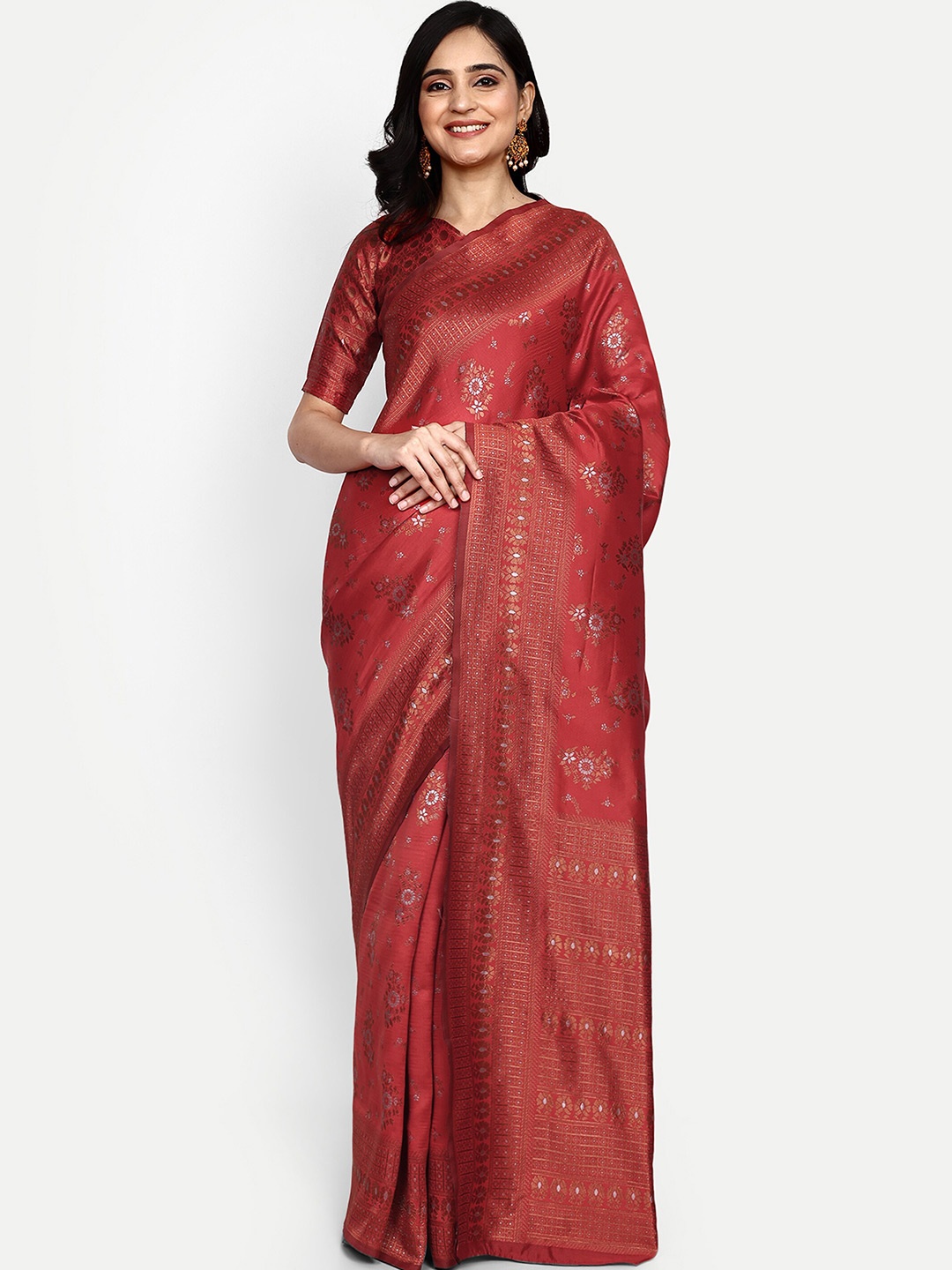 

ALMAARI FASHION Ethnic Motifs Woven Design Zari Pure Silk Kanjeevaram Saree, Red