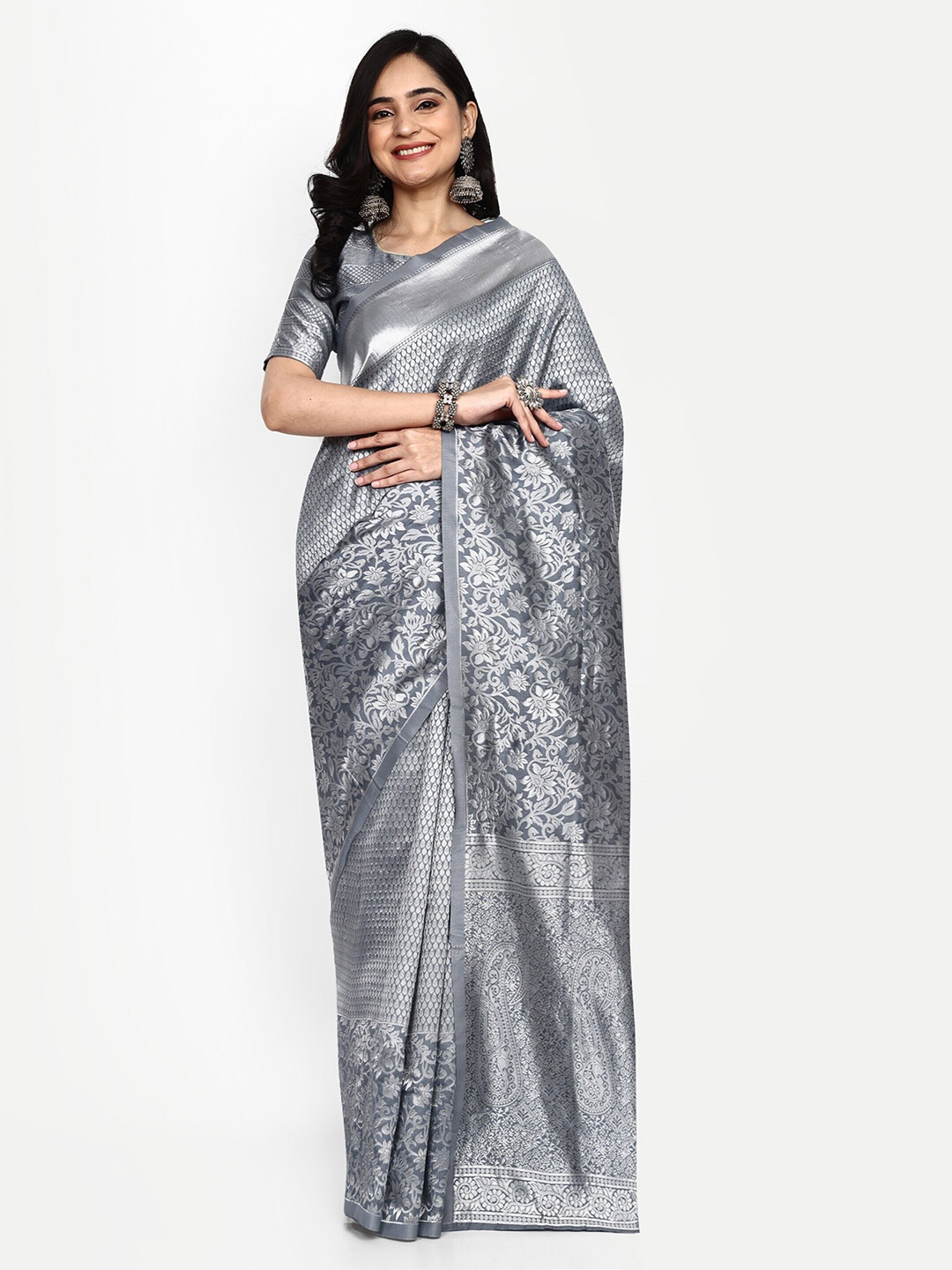 

ALMAARI FASHION Floral Woven Design Zari Pure Silk Kanjeevaram Saree, Grey