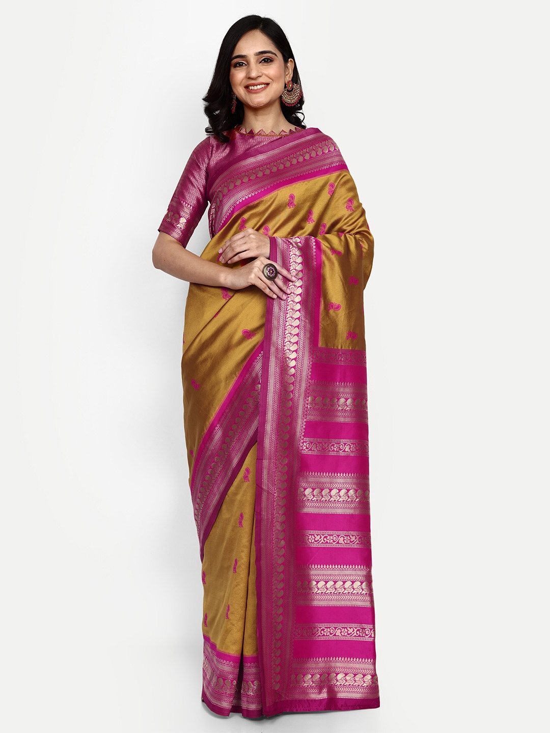 

ALMAARI FASHION Ethnic Motifs Woven Design Zari Pure Silk Kanjeevaram Saree, Yellow