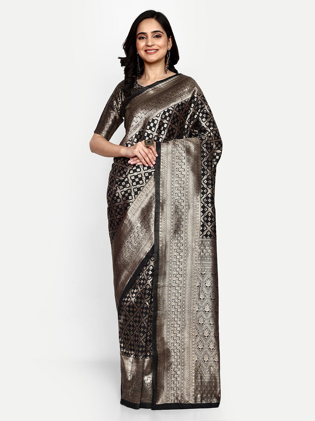 

ALMAARI FASHION Ethnic Motifs Woven Design Zari Pure Silk Kanjeevaram Saree, Black