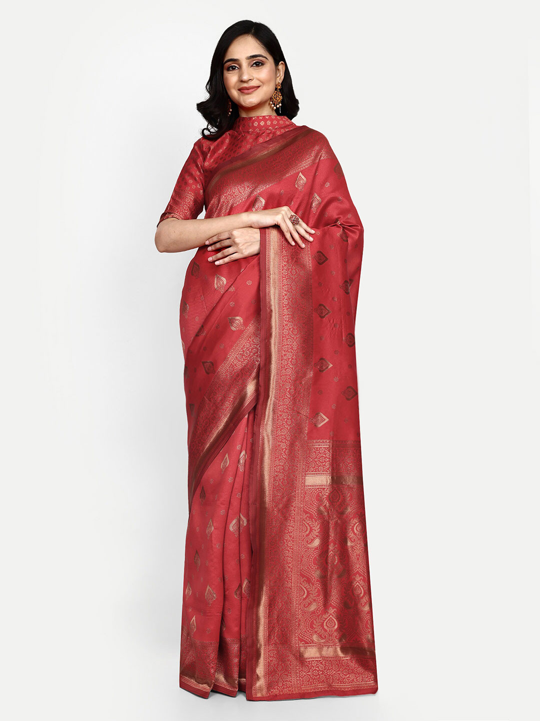 

ALMAARI FASHION Ethnic Motifs Woven Design Zari Pure Silk Kanjeevaram Saree, Red