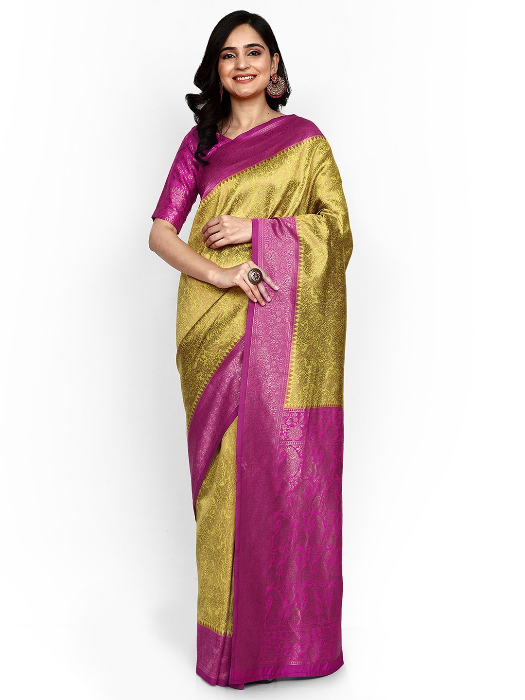 

ALMAARI FASHION Ethnic Motifs Woven Design Zari Pure Silk Kanjeevaram Saree, Lime green