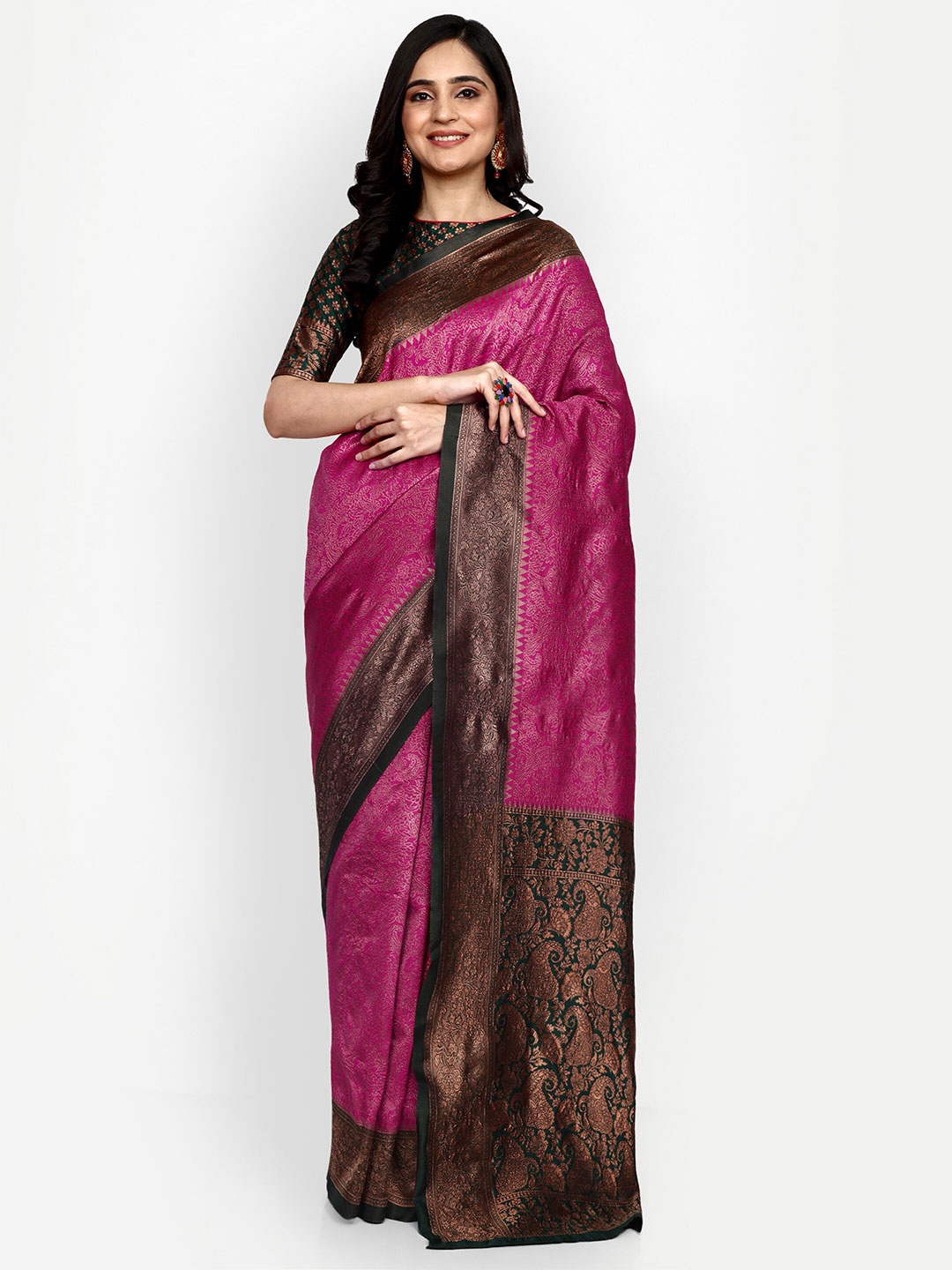 

ALMAARI FASHION Ethnic Motifs Woven Design Zari Pure Silk Kanjeevaram Saree, Pink