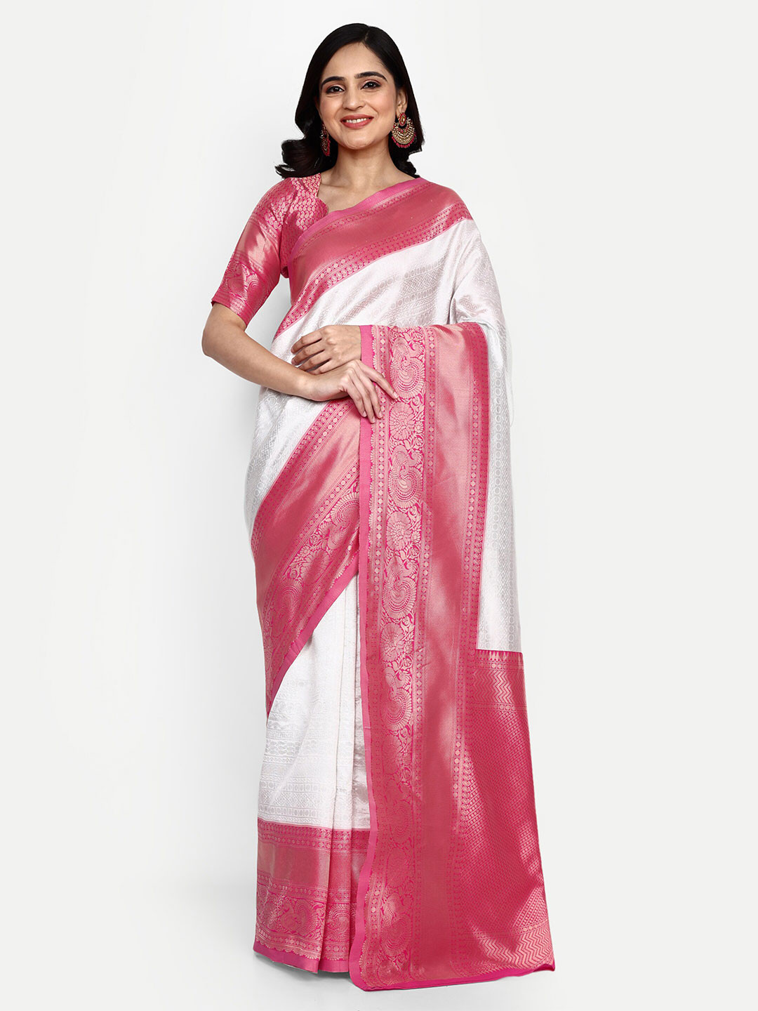 

ALMAARI FASHION Ethnic Motifs Woven Design Zari Pure Silk Kanjeevaram Saree, Silver