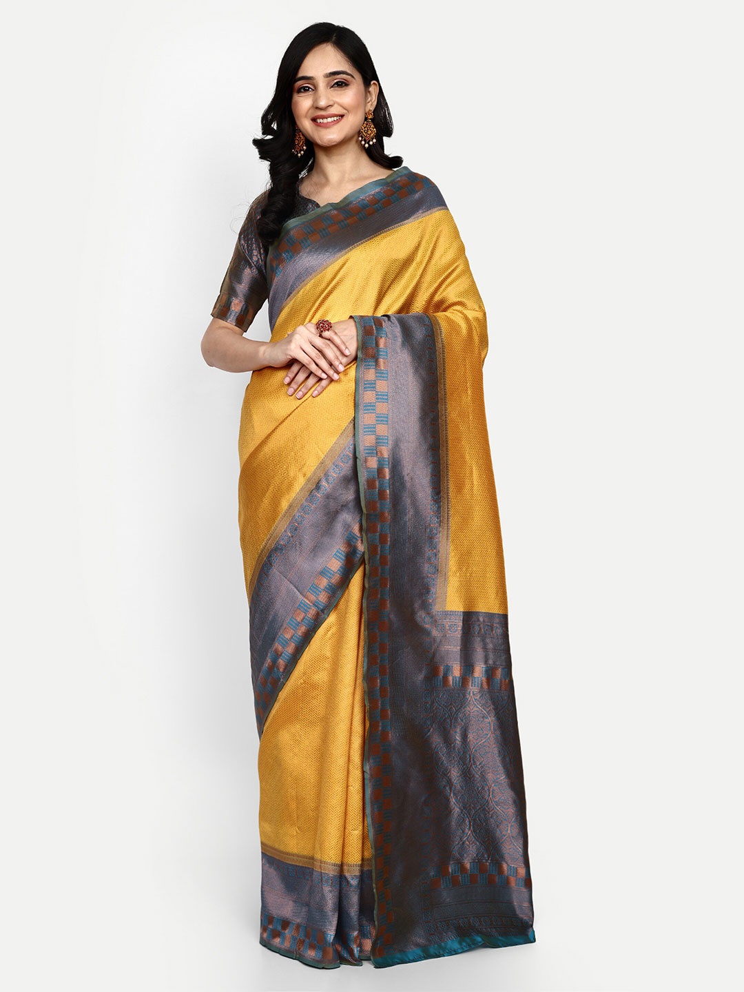 

ALMAARI FASHION Geometric Woven Design Zari Pure Silk Kanjeevaram Saree, Yellow