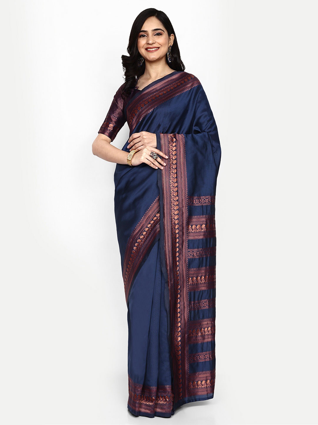 

ALMAARI FASHION Ethnic Motifs Woven Design Zari Pure Silk Kanjeevaram Saree, Blue