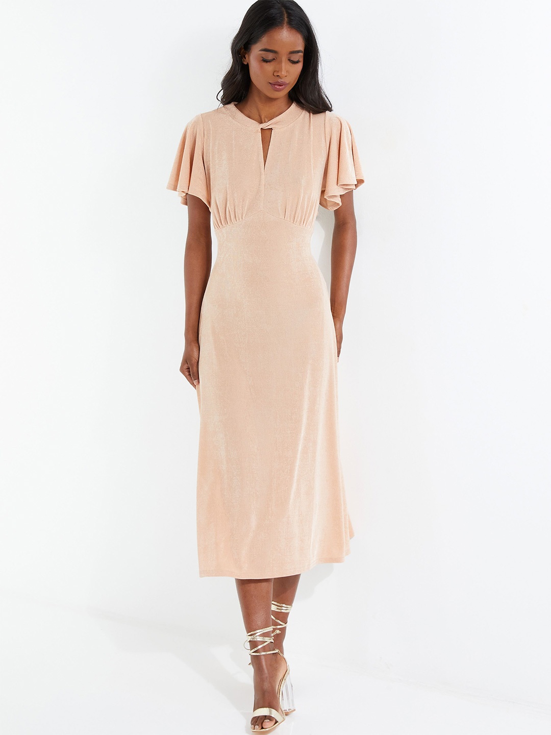 

QUIZ Flared Sleeves A-Line Midi Dress, Peach