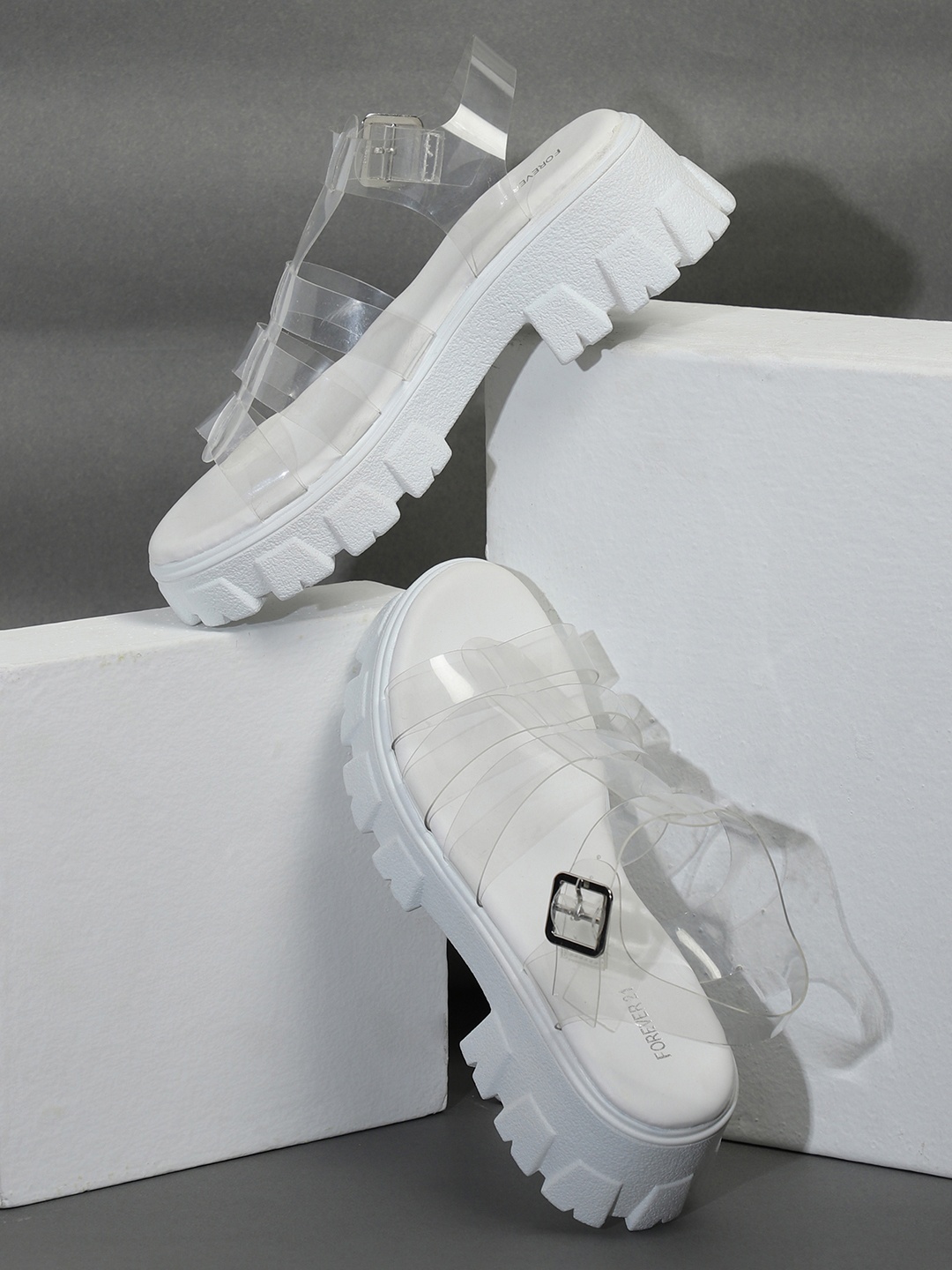 

FOREVER 21 Strappy Open Toe Platform Heels, White