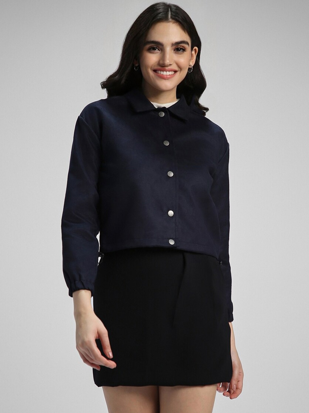 

FOREVER 21 Spread Collar Crop Tailored Jacket, Navy blue