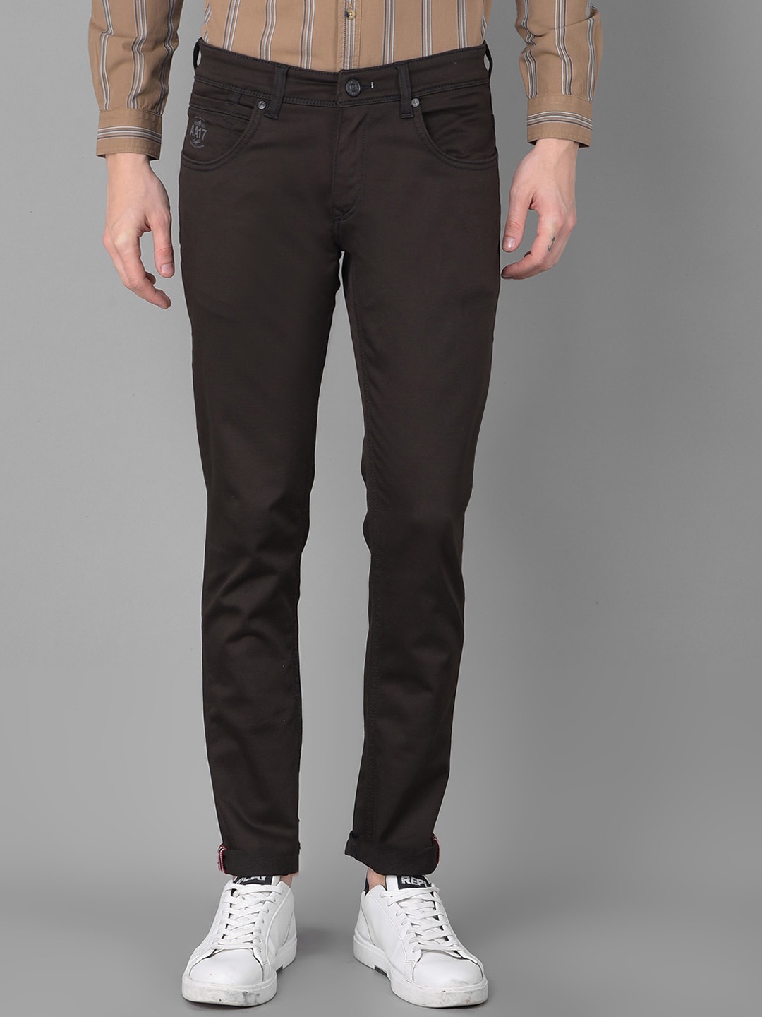 

American Archer Men Black Smart Skinny Fit Low-Rise Clean Look Stretchable Jeans, Coffee brown