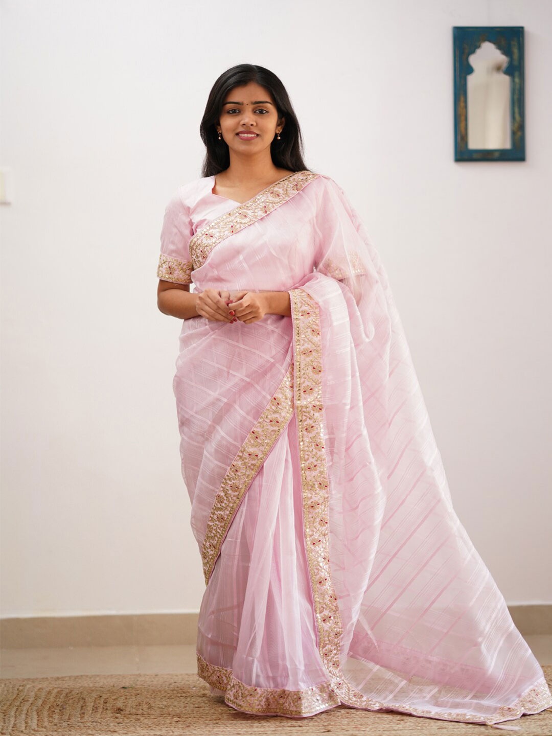 

Mitera Pink Striped Embroidered Organza Saree