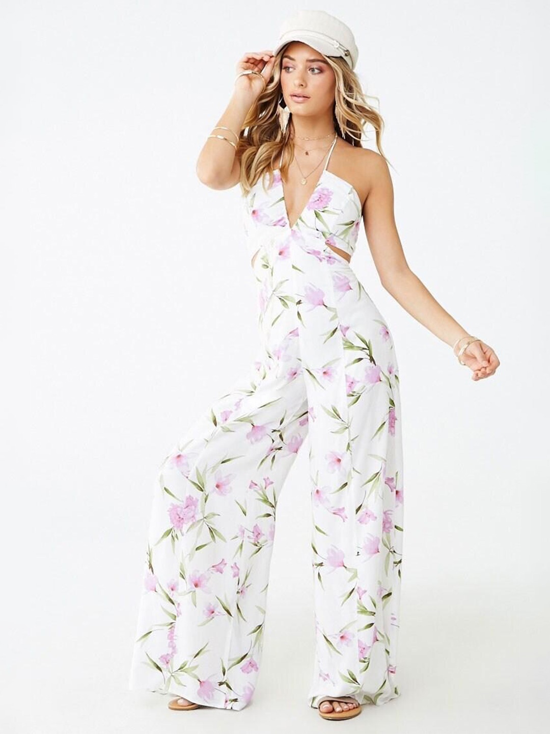 

FOREVER 21 Floral Printed Basic Jumpsuit, White