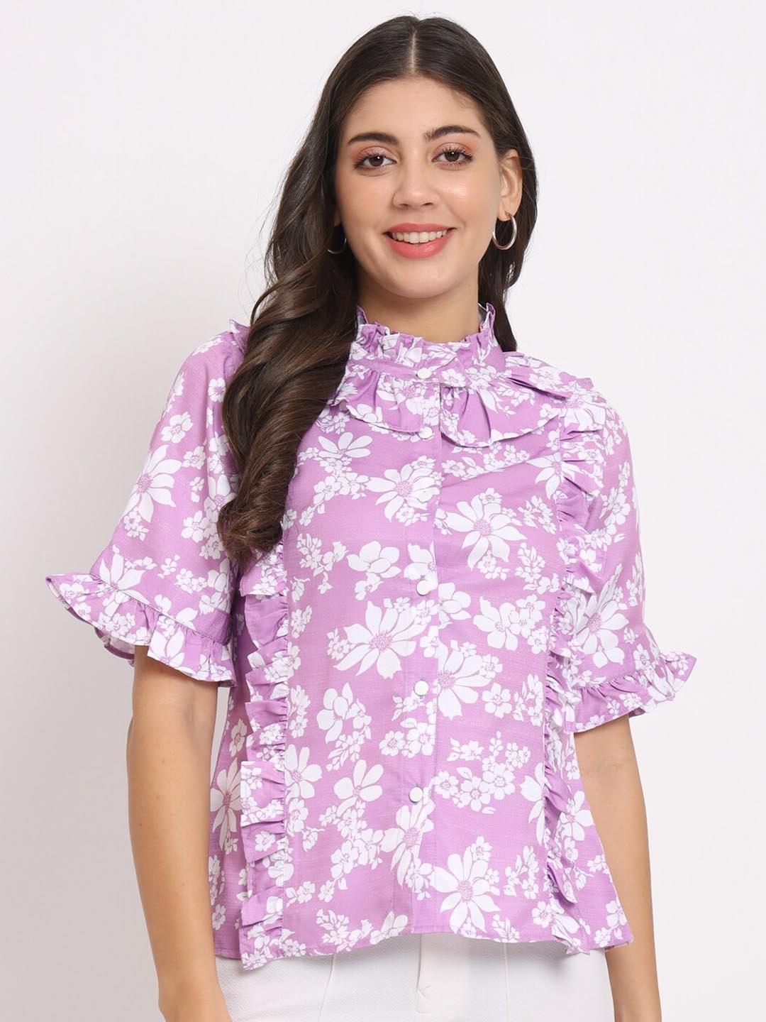 

CHARMGAL Floral Printed High Neck Ruffles Detailed Top, Lavender