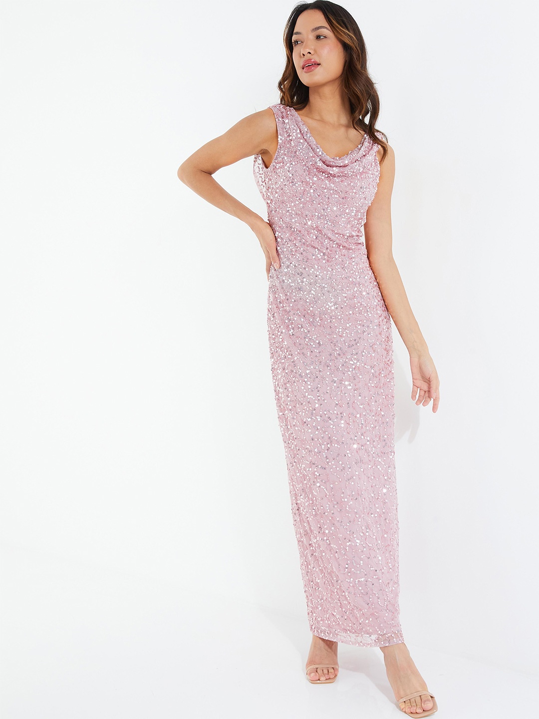 

QUIZ Embellished Cowl Neck Chiffon Sheath Maxi Dress, Pink