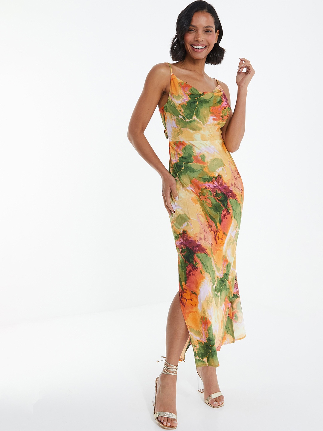 

QUIZ Abstract Printed Shoulder Straps Maxi Dress, Beige