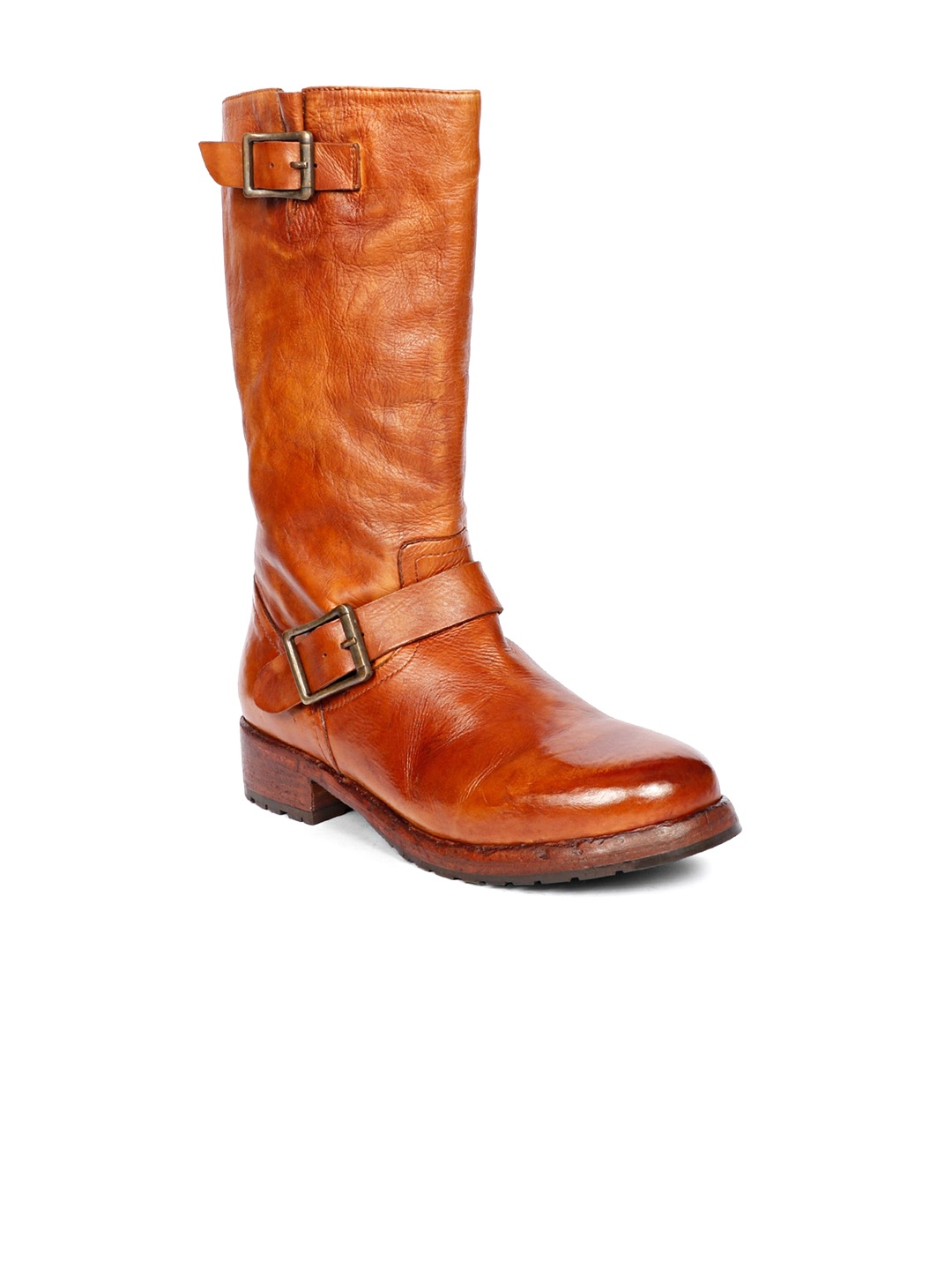 

Saint G Women High Top Block-Heeled Leather Regular Boots With Buckle Detail, Tan
