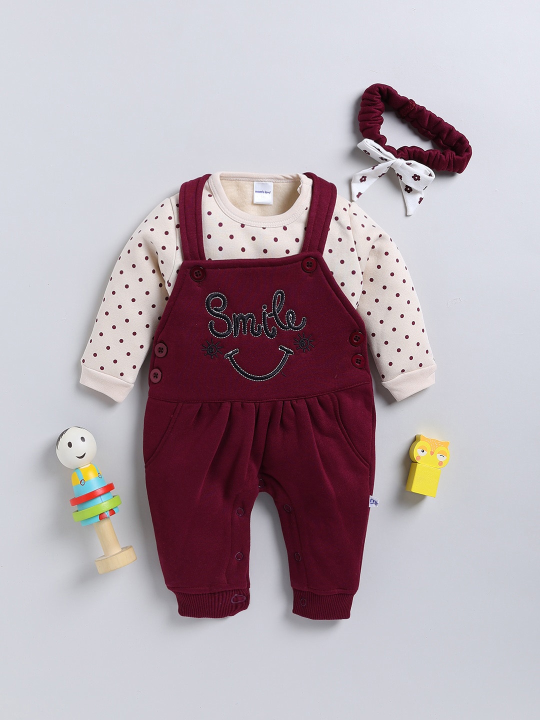 

Moms Love Infant Girls Embroidered Cotton Dungaree & T-shirt With Hairband, Burgundy