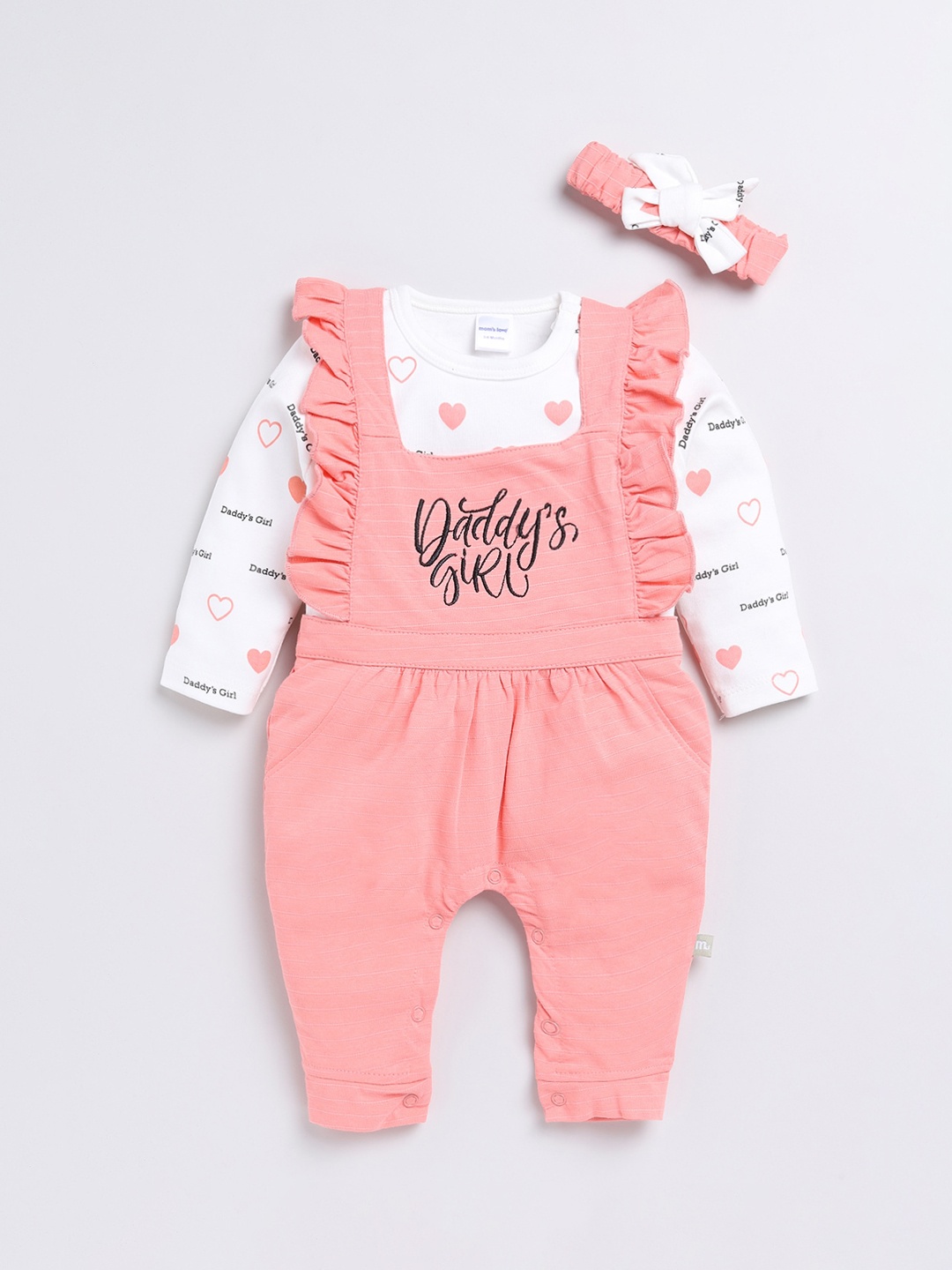 

Moms Love MARINO Infant Girls Printed Cotton Dungaree With T-Shirt, Coral