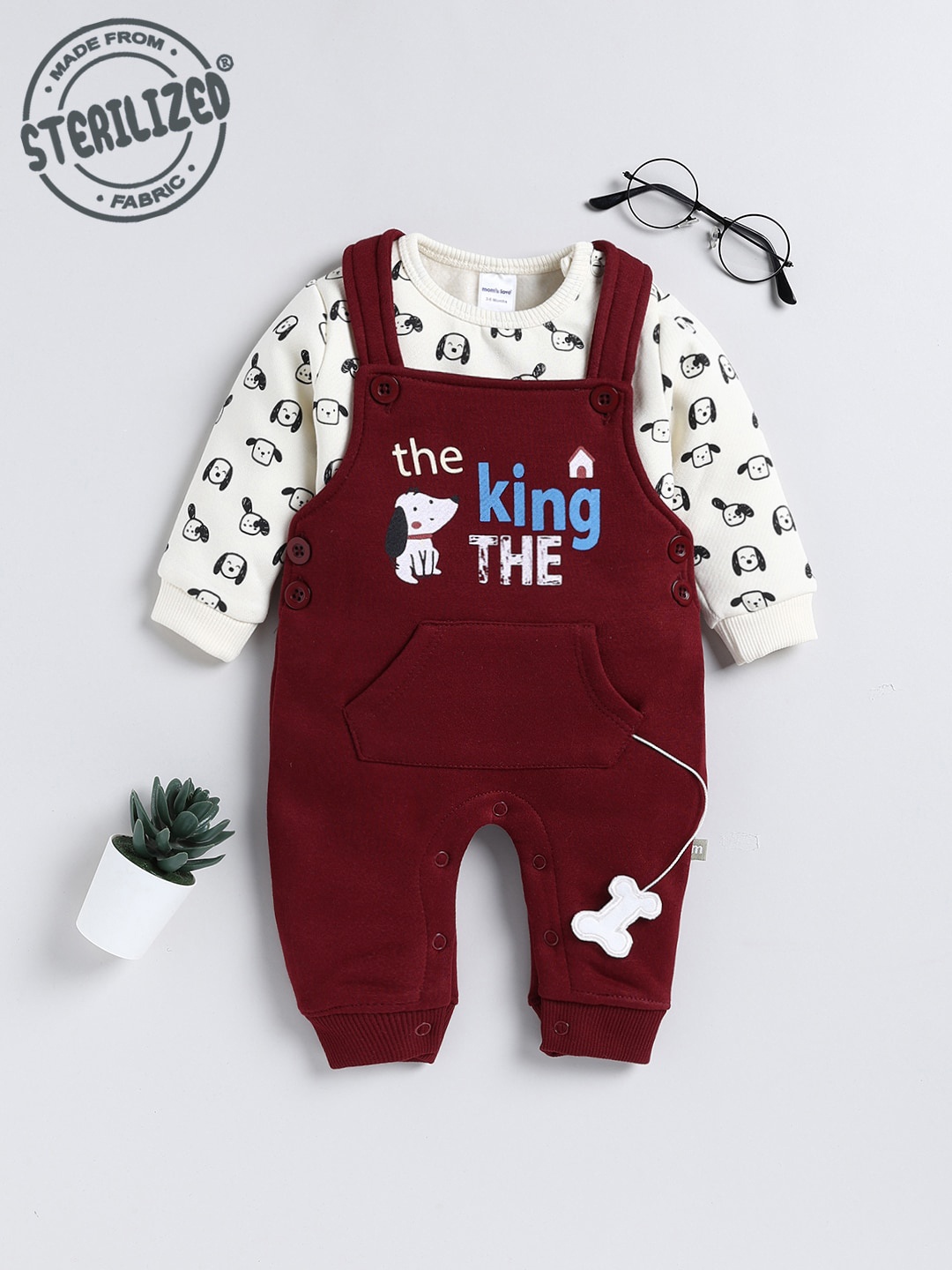 

Moms Love Infant Boys Typography Printed Dungaree With T-Shirt, Maroon
