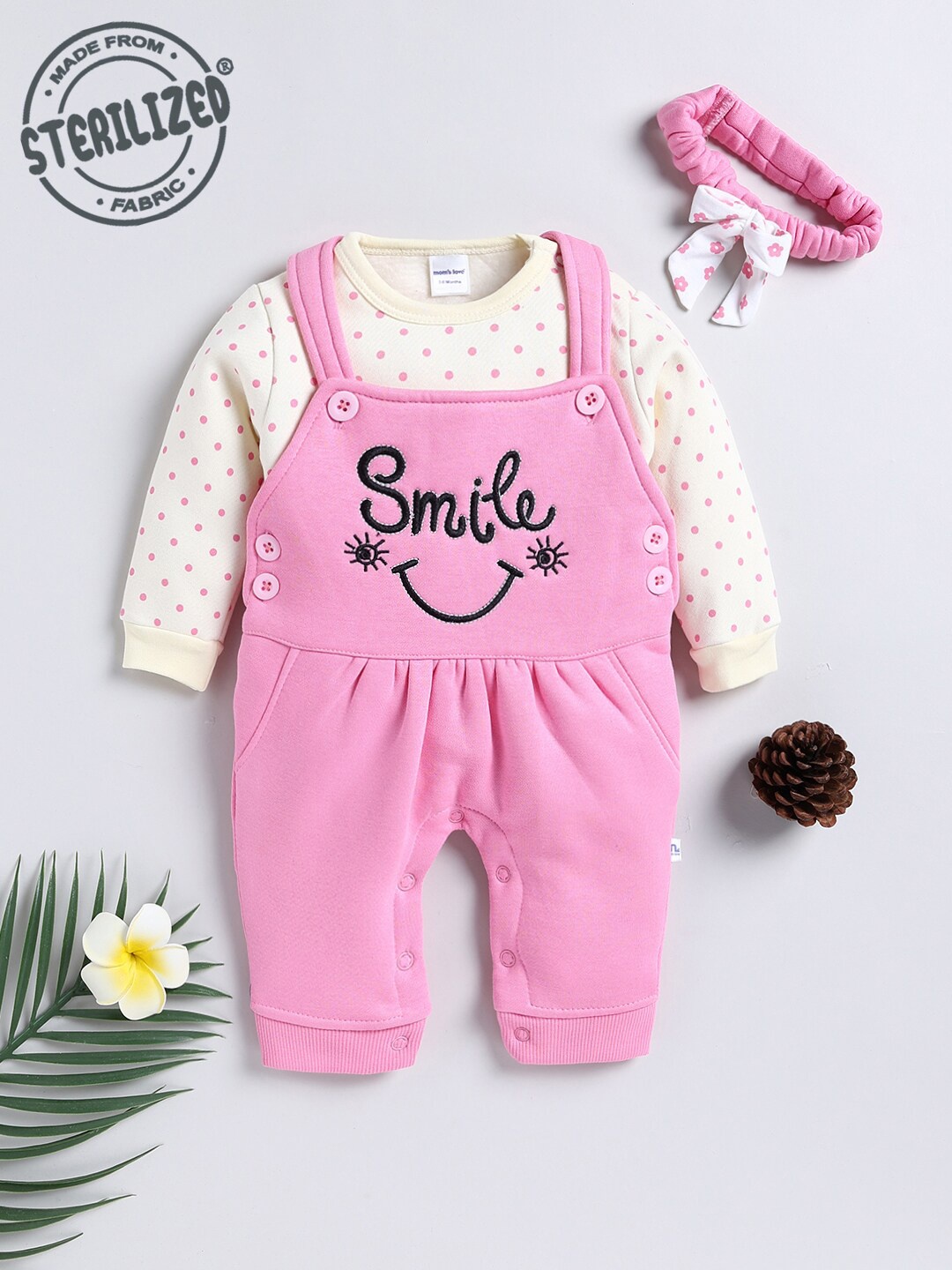 

Moms Love Infant Girls Printed Cotton Dungaree With T-Shirt & Hairband, Pink