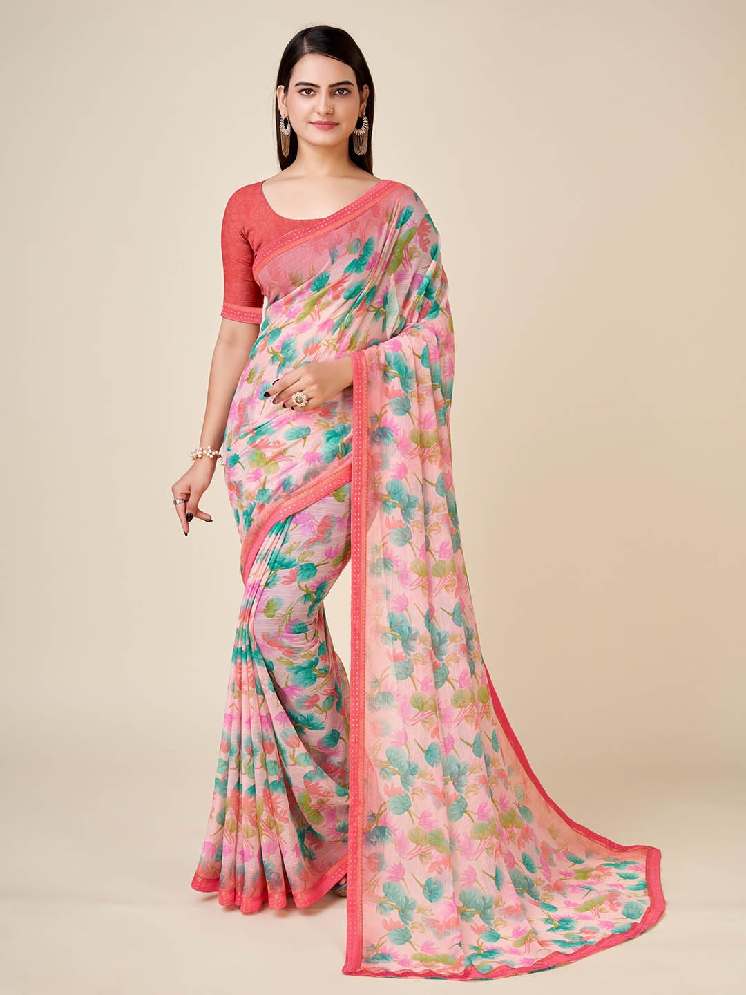 

Ambuja International Floral Printed Zari Pure Chiffon Saree, Red