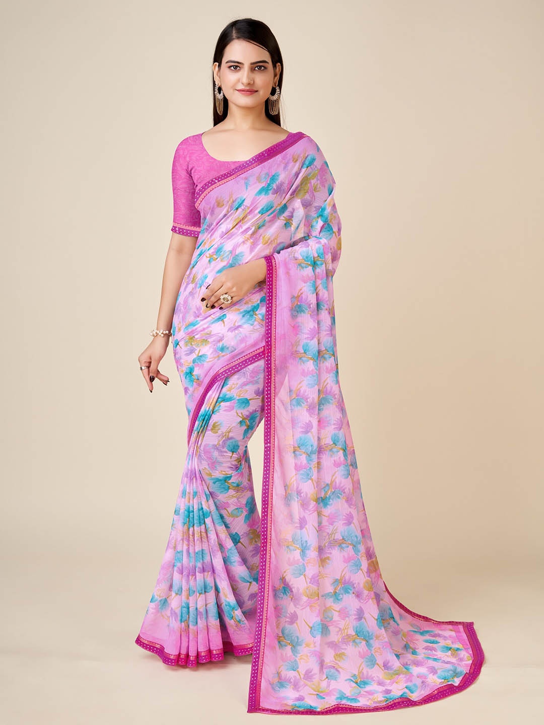 

Ambuja International Floral Printed Pure Chiffon Saree, Pink