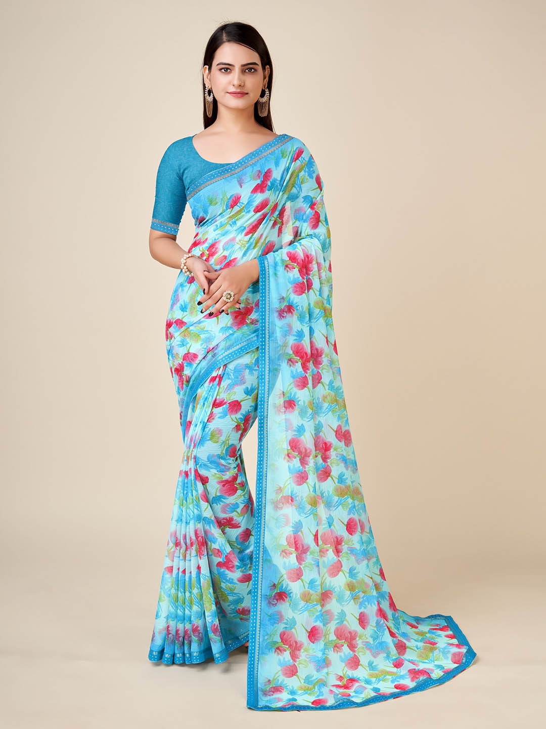 

Ambuja International Floral Printed Zari Pure Chiffon Saree, Blue