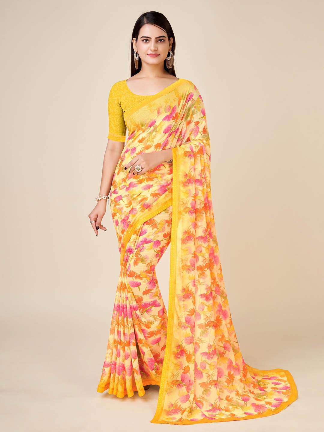 

Ambuja International Floral Printed Pure Chiffon Saree, Yellow
