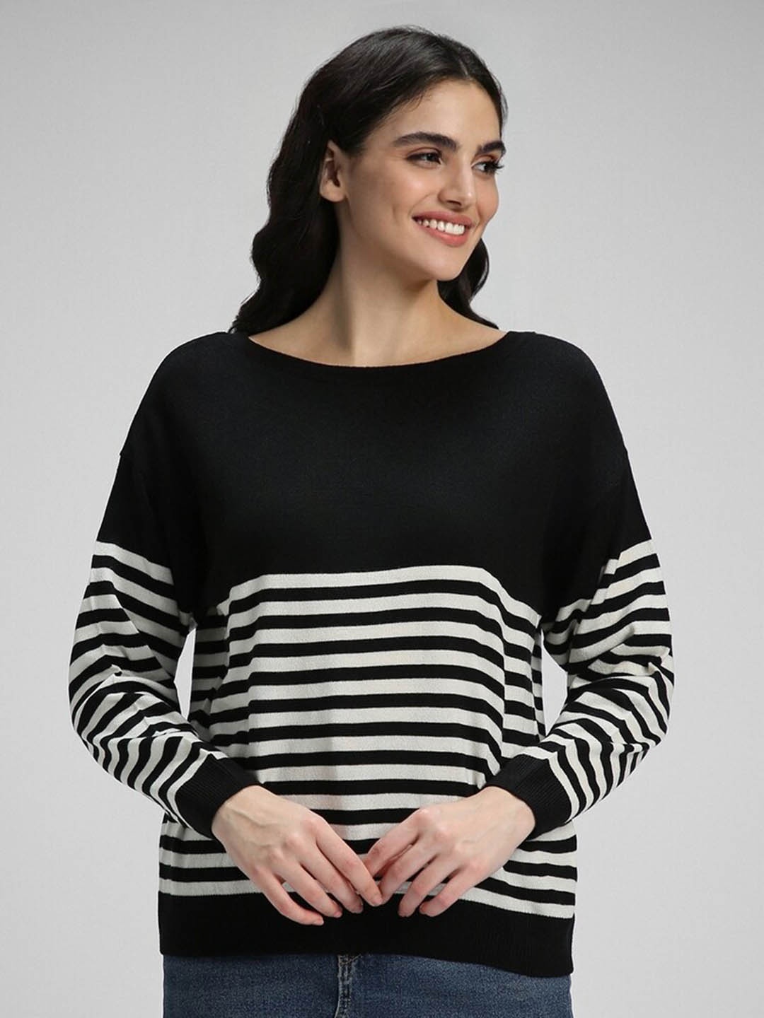 

FOREVER 21 Striped Boat Neck Pullover, Black