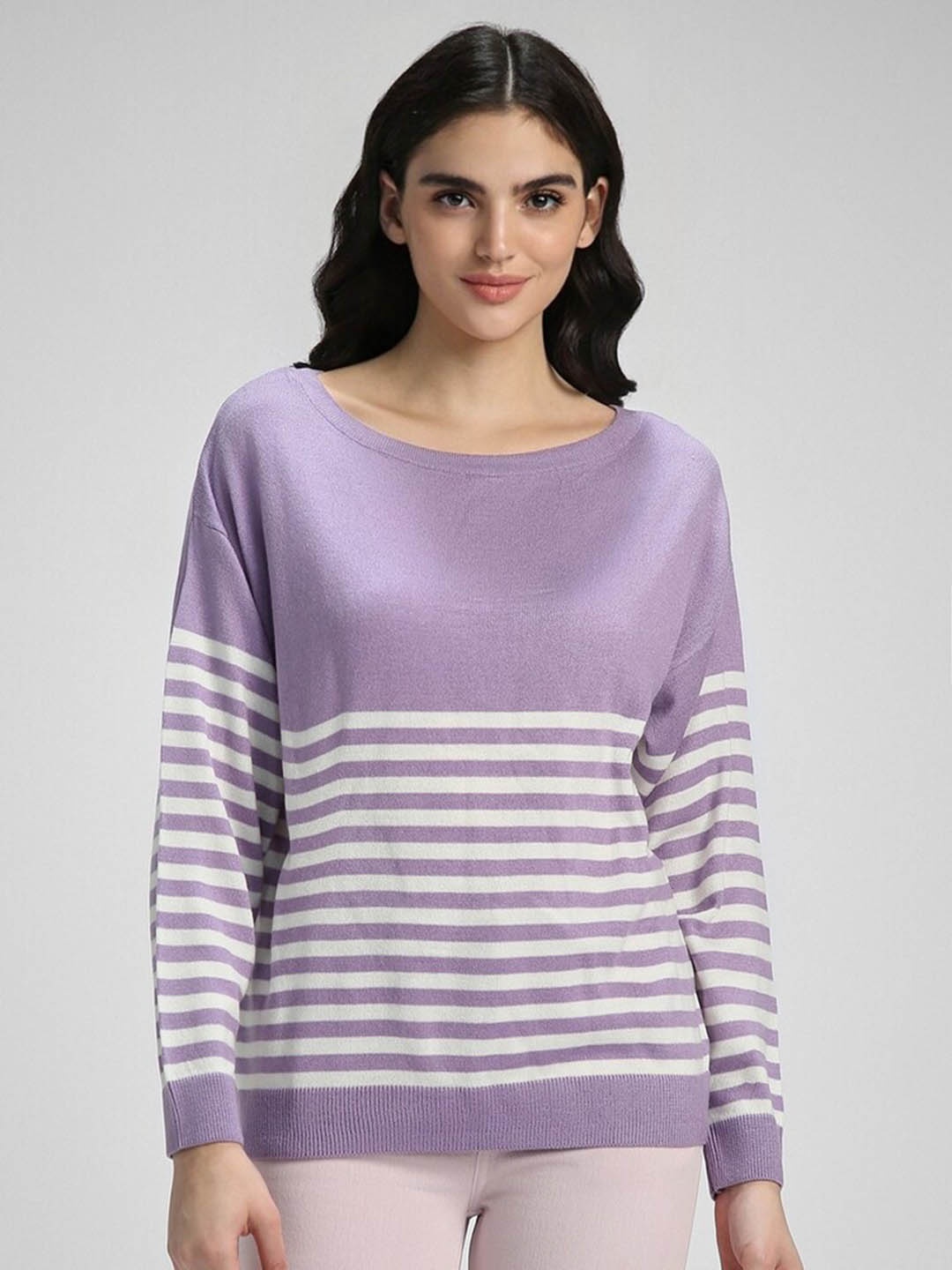 

FOREVER 21 Striped Boat Neck Pullover, Purple