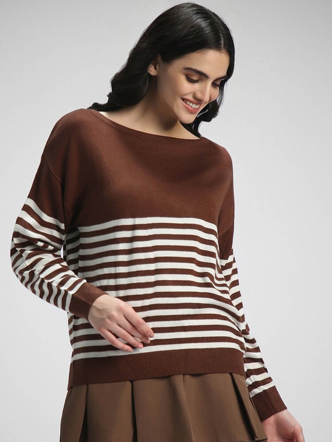 

FOREVER 21 Striped Boat Neck Pullover, Brown