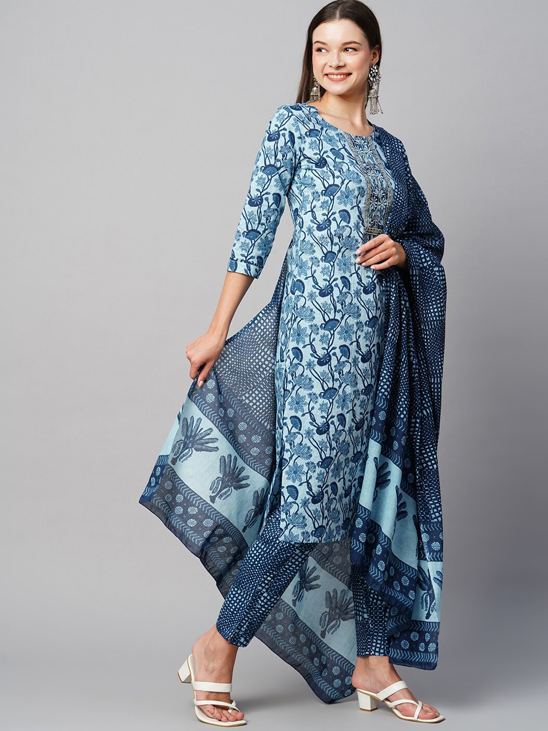 

KALINI Floral Printed Pure Cotton Kurta With Trousers & Dupatta, Blue