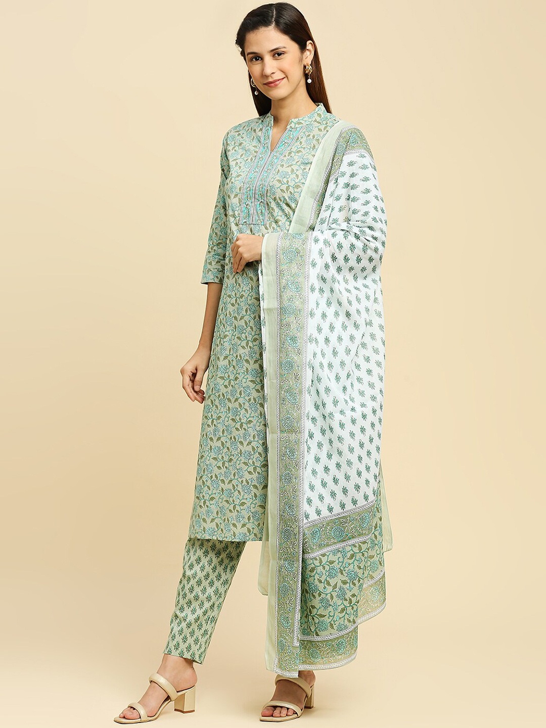 

KALINI Floral Printed Mandarin Collar Pure Cotton Kurta With Trousers & Dupatta, Green