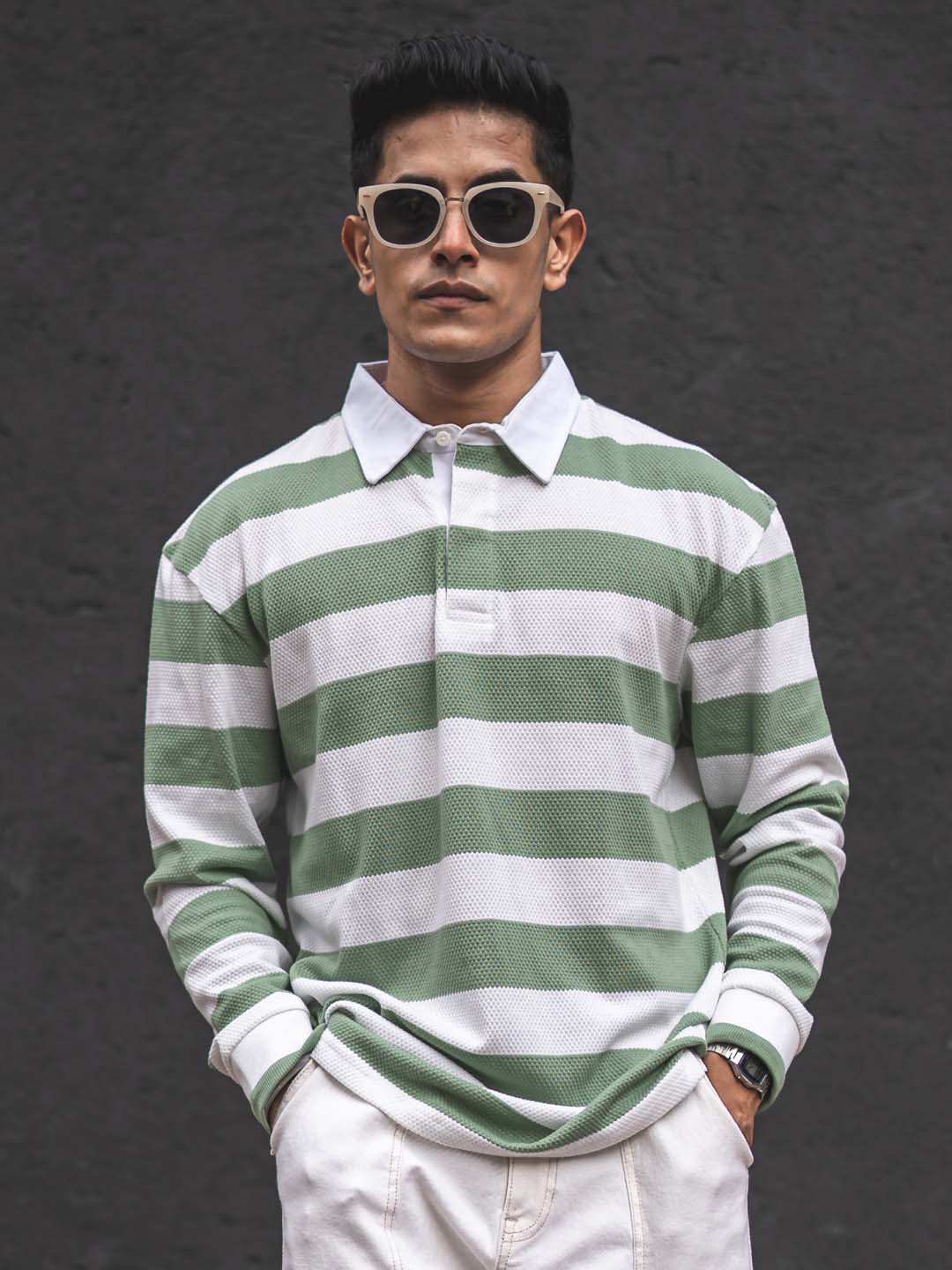 

Powerlook Striped Polo Collar Oversized T-shirt, White