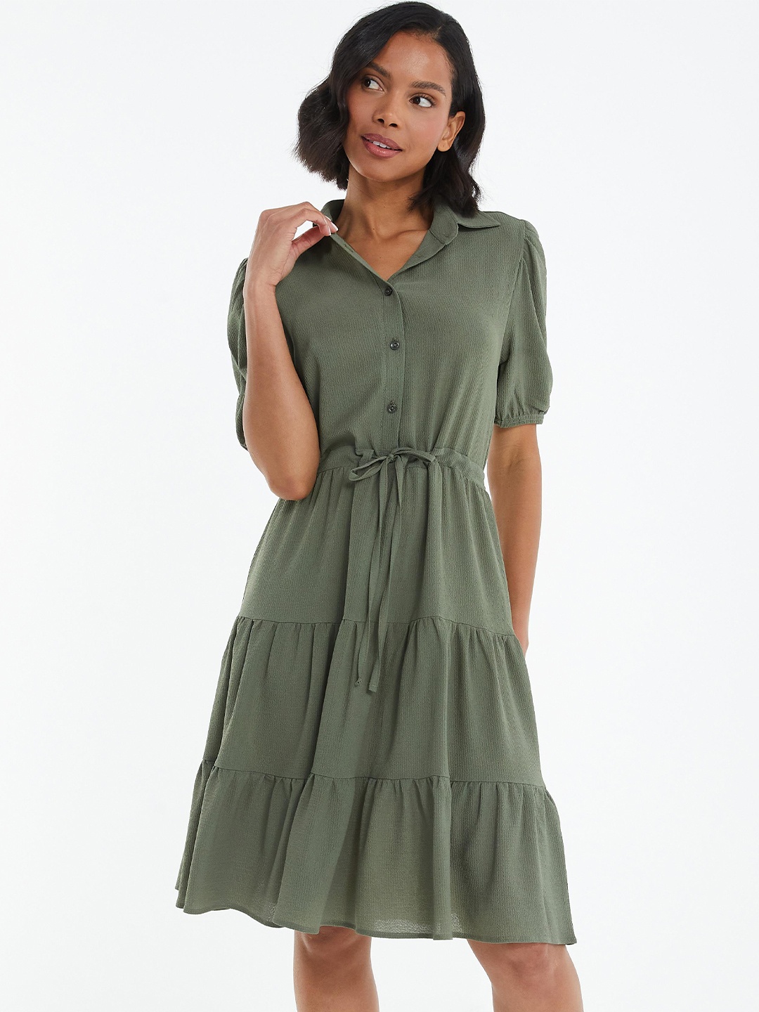 

QUIZ Puff Sleeves Crepe Shirt Dress, Khaki