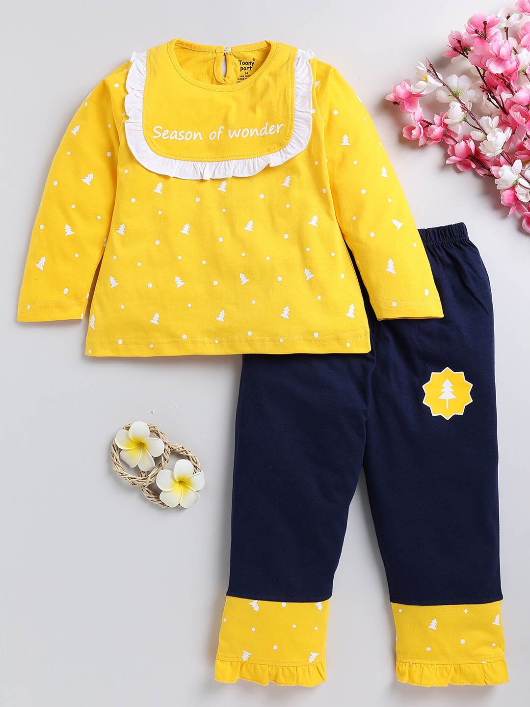 

Toonyport Girls Conversational Printed Pure Cotton Top with Trousers, Yellow