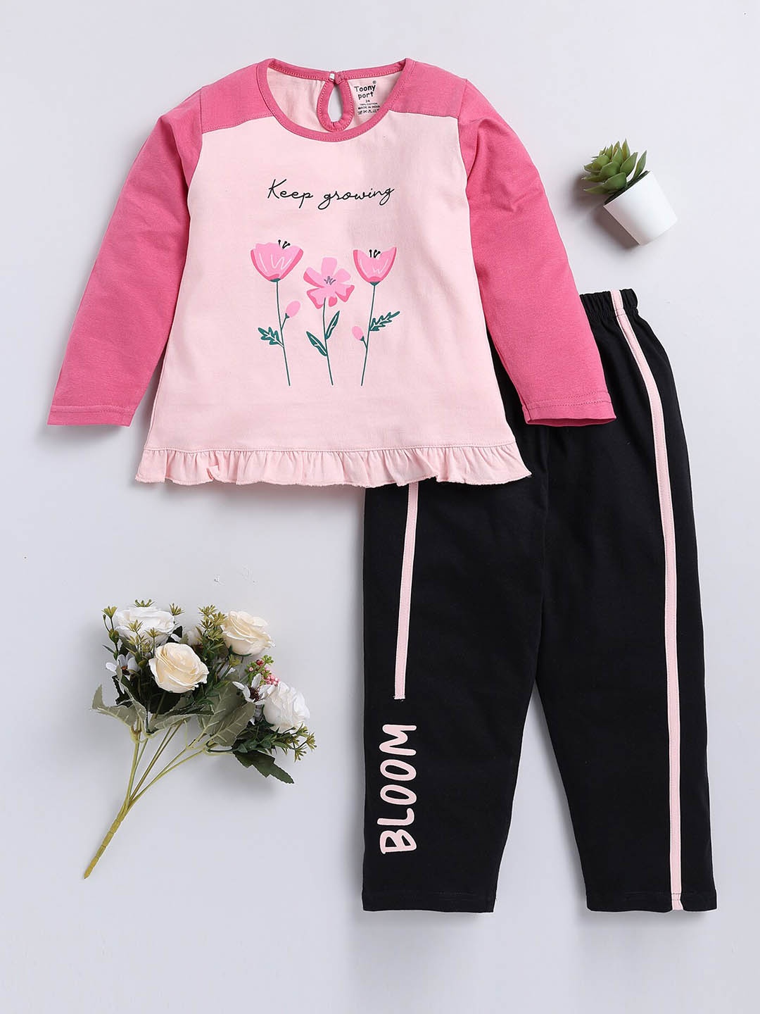 

Toonyport Girls Graphic Printed Top with Trousers, Pink