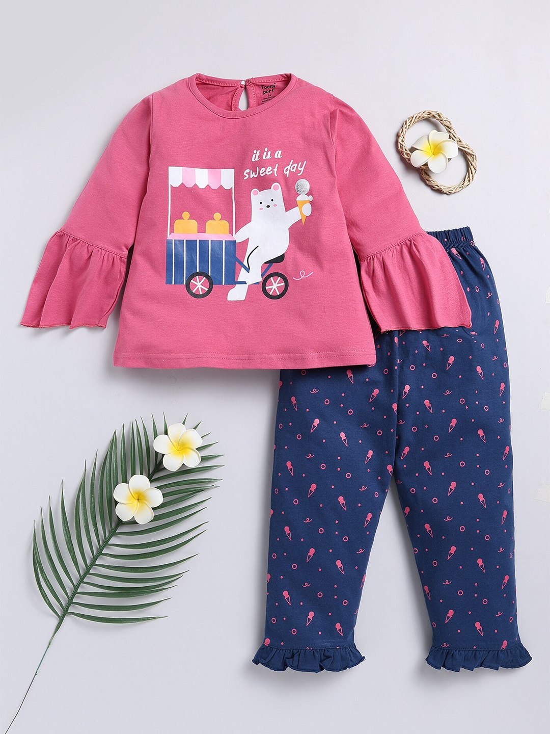 

Toonyport Infant Girls Printed Pure Cotton Top with Trousers, Pink