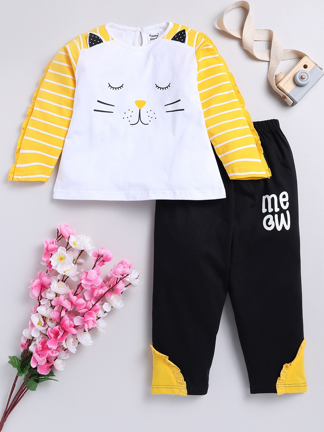 

Toonyport Infant Girls Printed Pure Cotton Top with Trousers, White