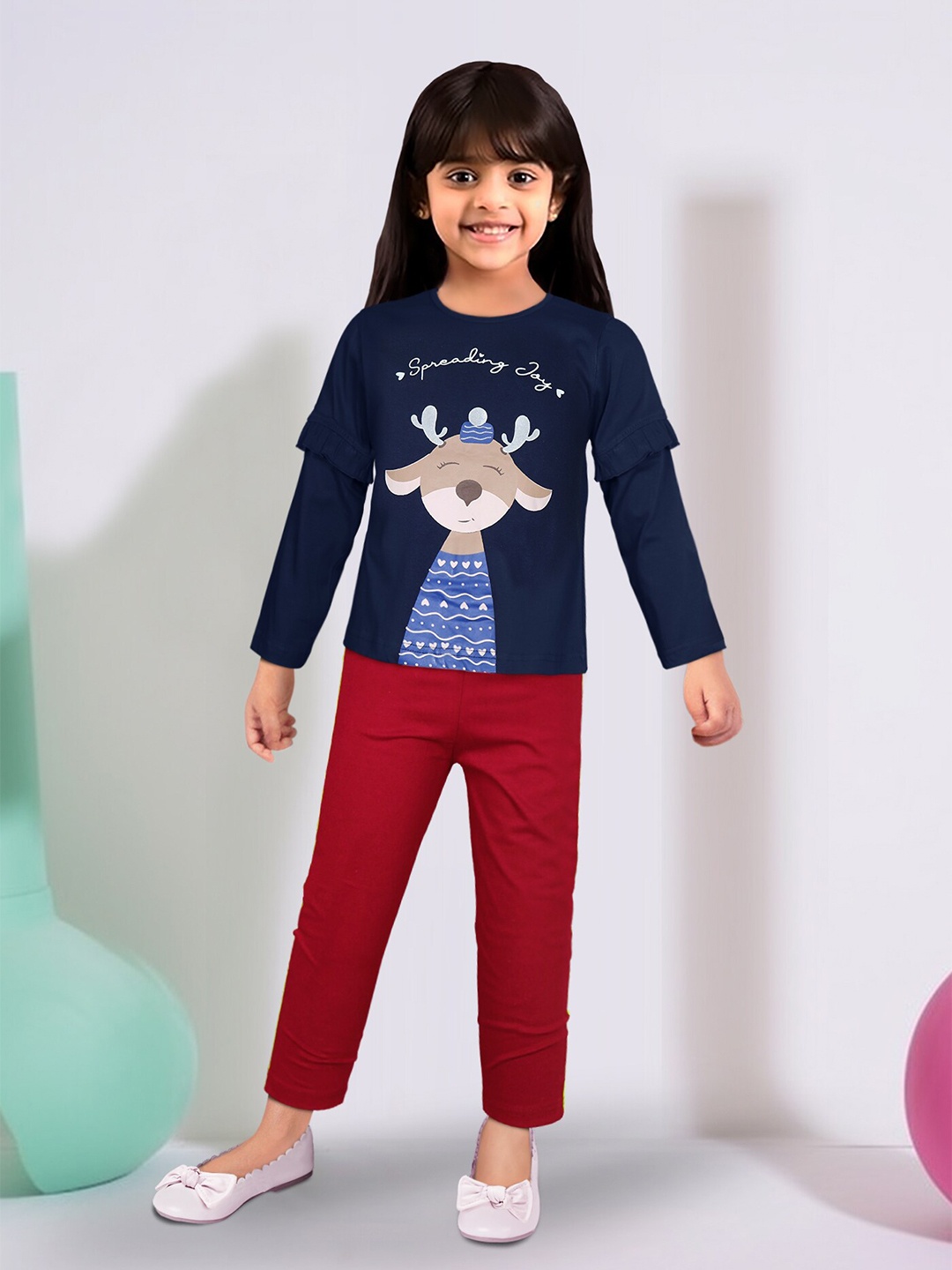 

Toonyport Girls Printed Pure Cotton Top with Trousers, Navy blue
