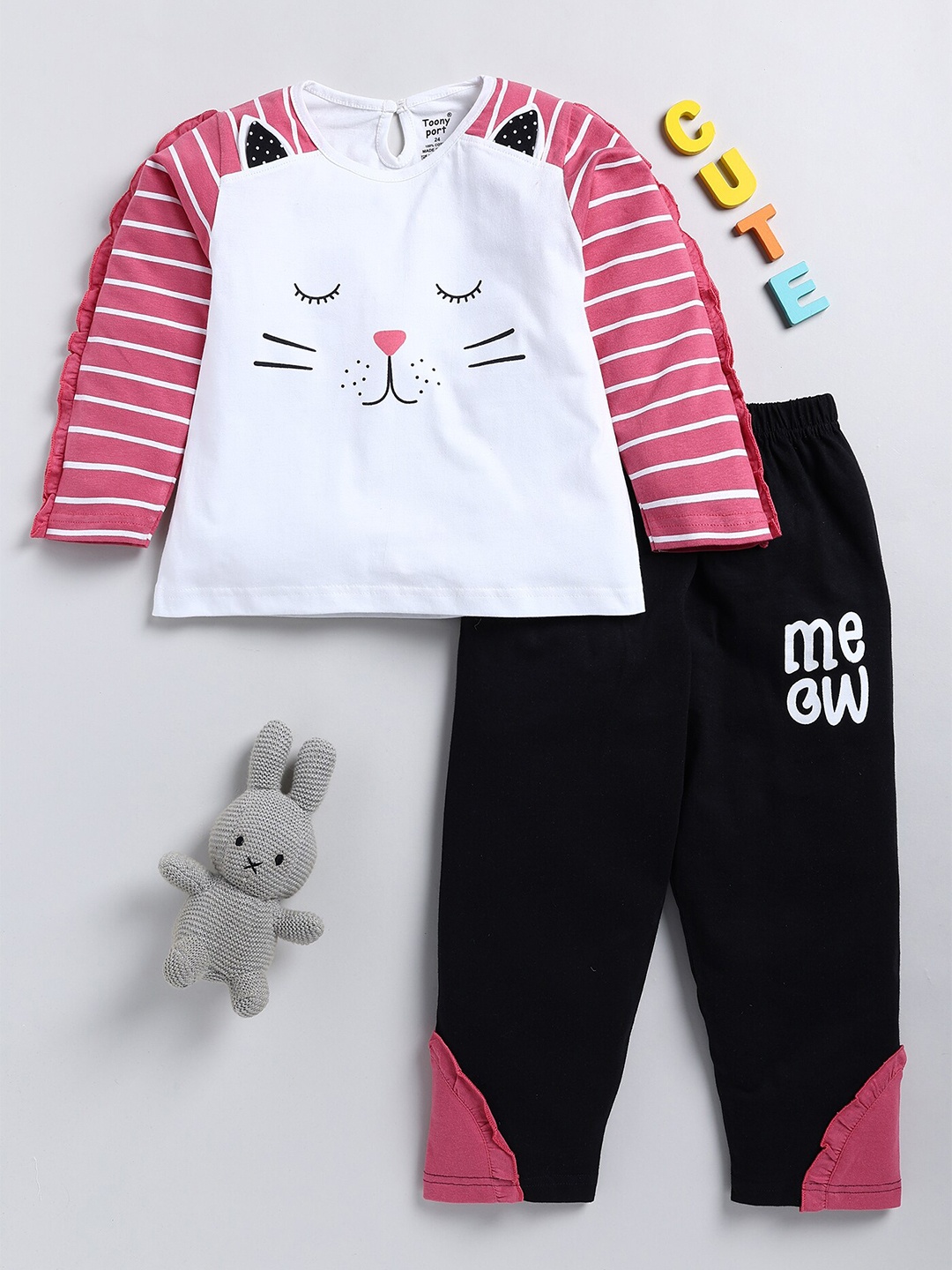 

Toonyport Girls Printed Pure Cotton Top with Trousers, White