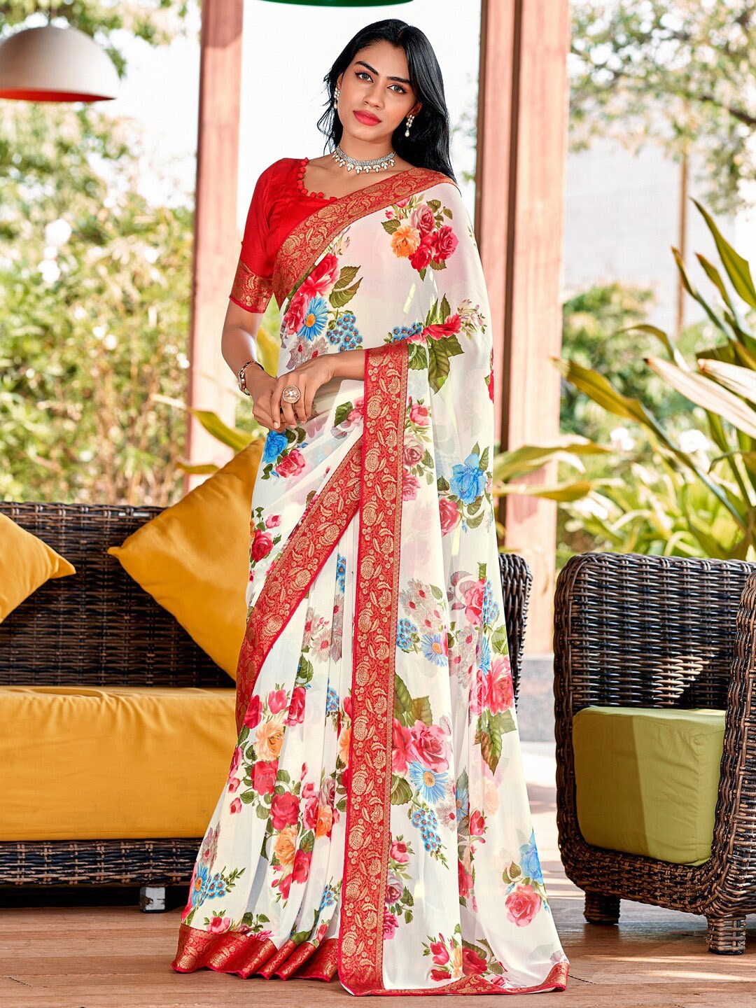 

Saree mall Floral Printed Zari Pure Georgette Sarees, White