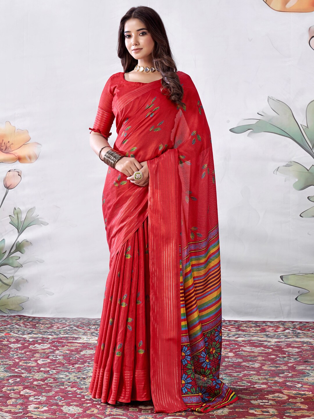 

Saree mall Floral Printed Zari Jute Silk Sarees, Red