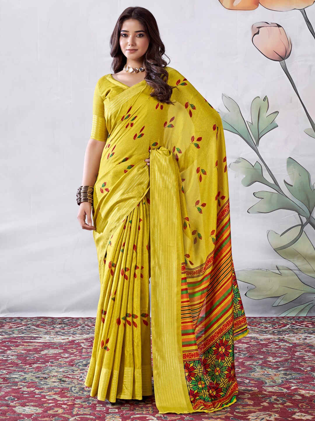 

Saree mall Floral Printed Zari Jute Silk Bagru Sarees, Yellow