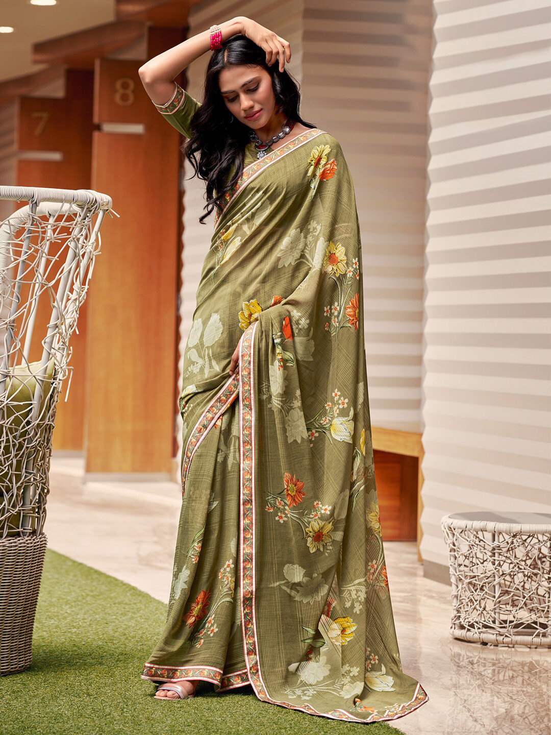 

Saree mall Floral Printed Sarees, Olive