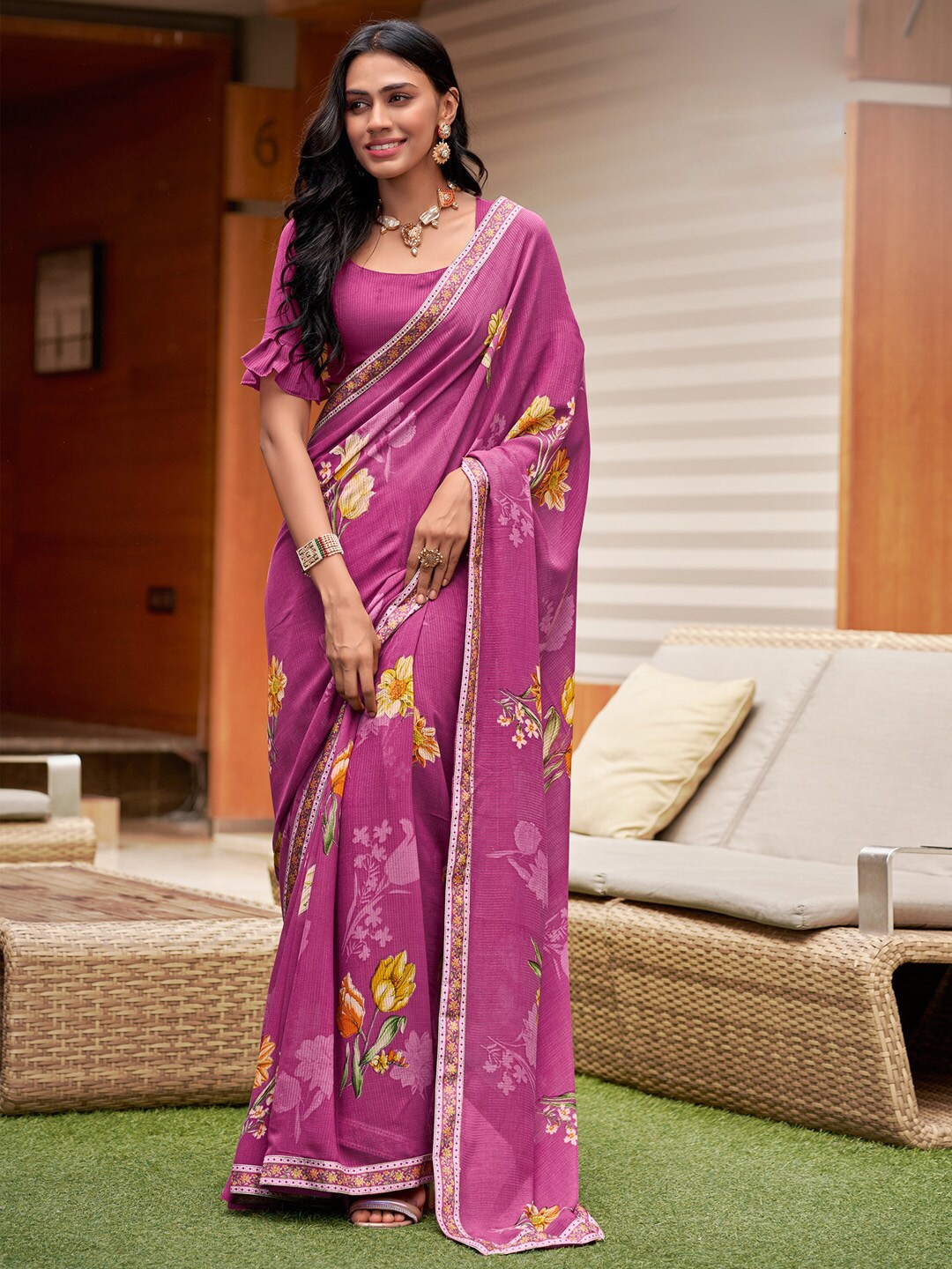 

Saree mall Magenta & Green Floral Printed Pure Georgette Sarees