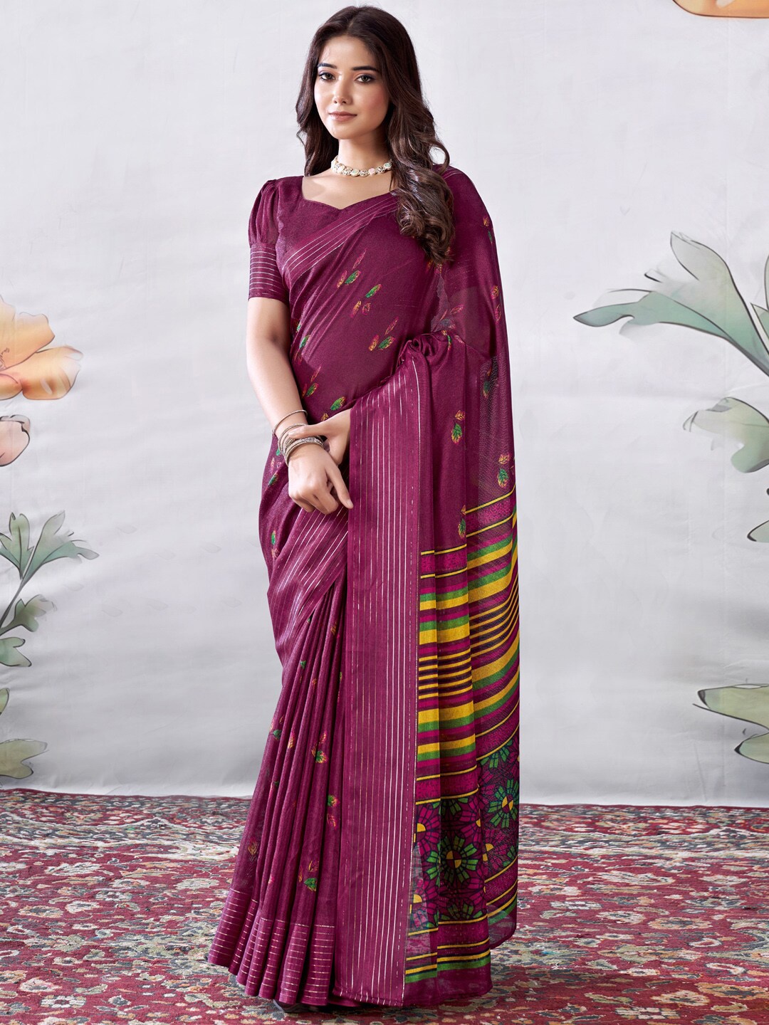 

Saree mall Purple & Yellow Floral Printed Jute Silk Bagru Sarees